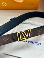 Louis Vuitton belt close-up with LV gold buckle on dark monogram strap