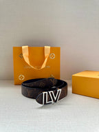 Louis Vuitton monogram belt with LV gold buckle on dark brown strap