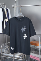 Black short-sleeve T-shirt with white cross graphic on the front