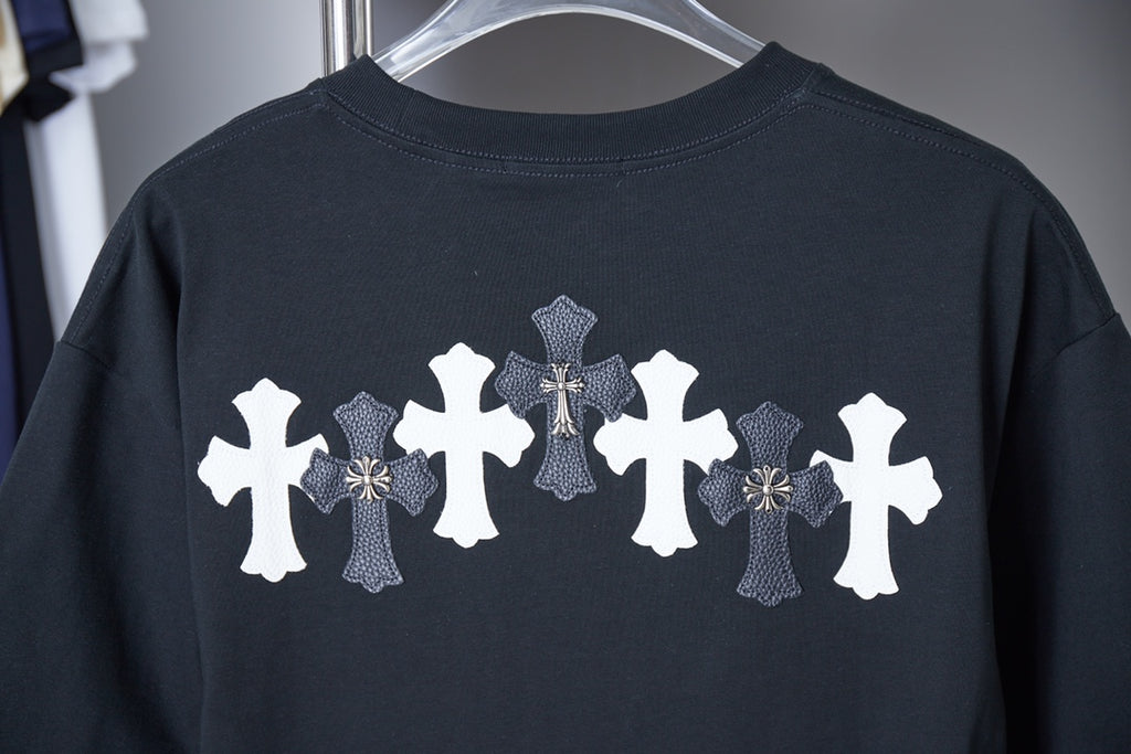 Black short-sleeve T-shirt with row of white cross graphics on the back