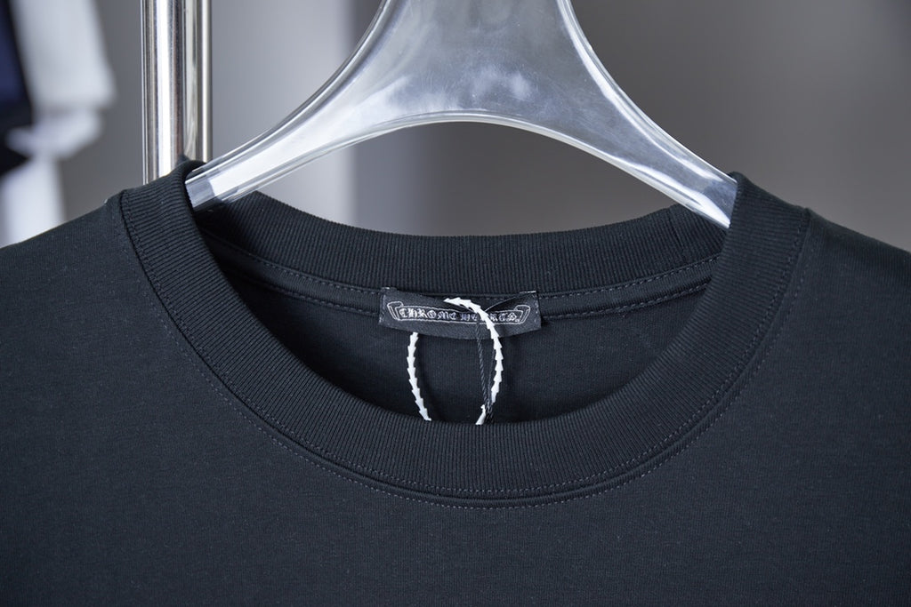 Black crewneck T-shirt collar with stitched neckline trim