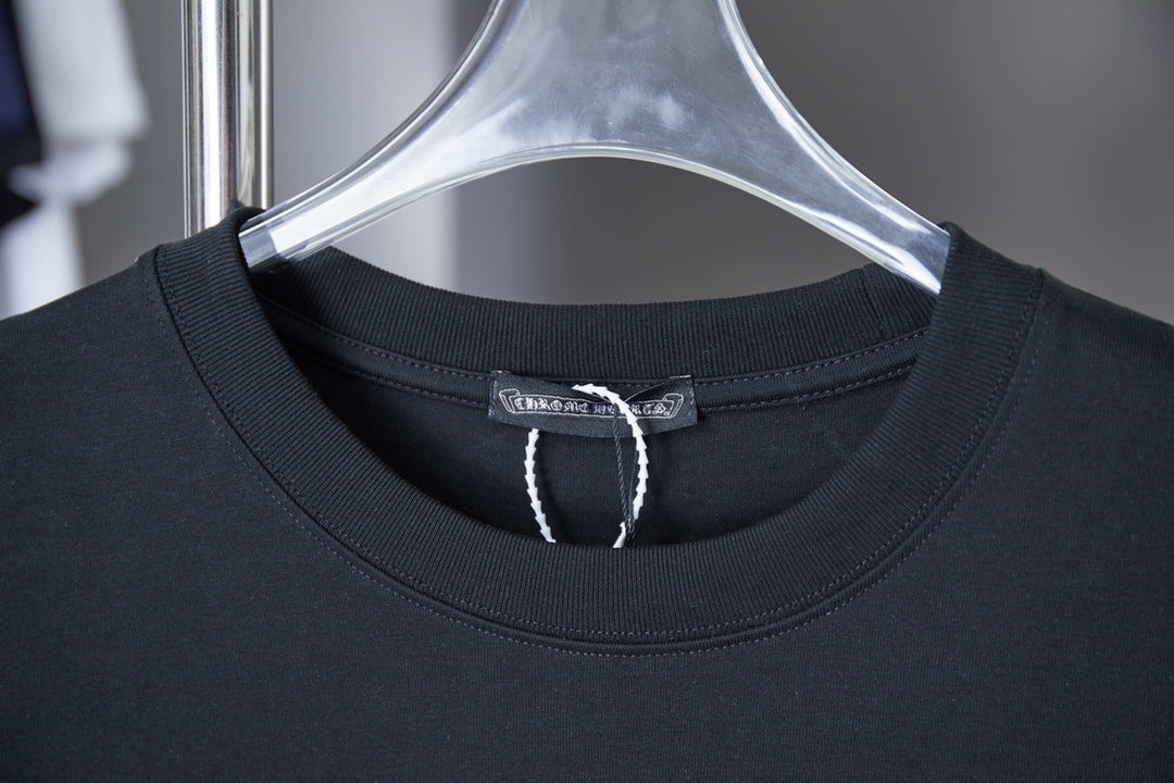Black crewneck T-shirt collar with stitched neckline trim