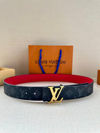 Navy monogram leather belt with gold LV buckle and red underside