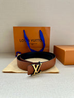 Louis Vuitton dark brown belt with gold-tone LV buckle on fabric pouch