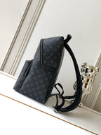 Men's designer monogram backpack shown at an angle with shoulder straps