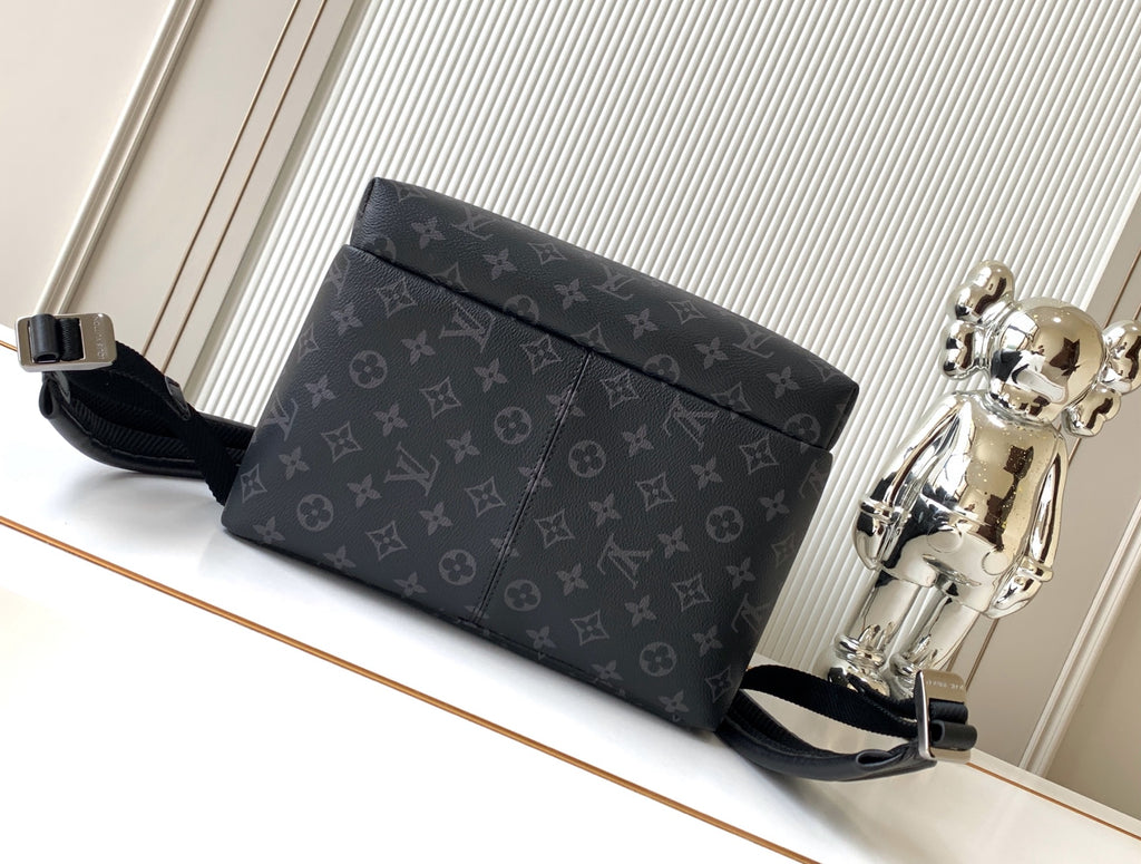 Men's designer monogram crossbody-style backpack with long strap and flap