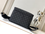 Men's designer monogram crossbody-style backpack with long strap and flap