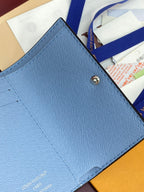 Light blue Louis Vuitton card holder-style small bag with monogram flap and gold button