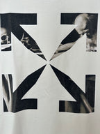 Off-White T-shirt close view of large back arrow graphic across the fabric