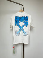 Off-white T-shirt with large blue graphic on back