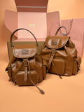 MiuMiu small flap backpacks, tan and brown with top handles and adjustable straps