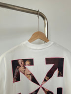 Off White T-shirt back view with large black X collage graphic and photo panels