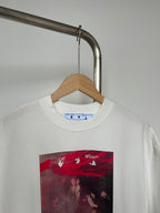 Off White T-shirt with off-white crew neck and red square graphic on chest