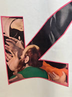 Off White T-shirt back graphic close-up with photo panels of people inside the X