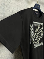 Louis Vuitton black short-sleeve T-shirt with rhinestone chest graphic, angled view