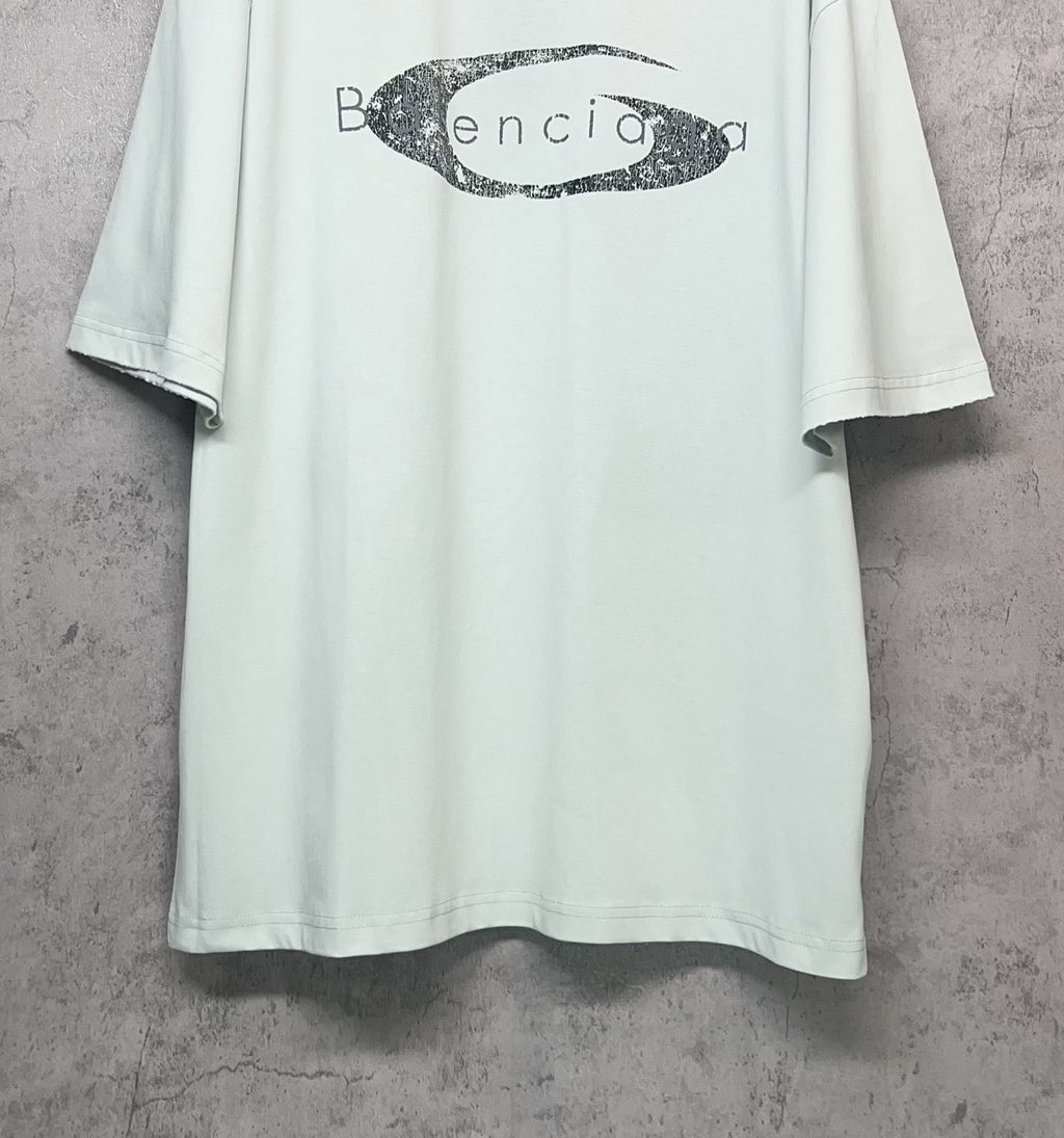 Balenciaga short-sleeve T-shirt in light mint with oval graphic logo print, lower front
