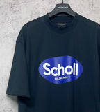 Balenciaga short-sleeve T-shirt, dark navy, front “Scholl” logo with small “BALENCIAGA”