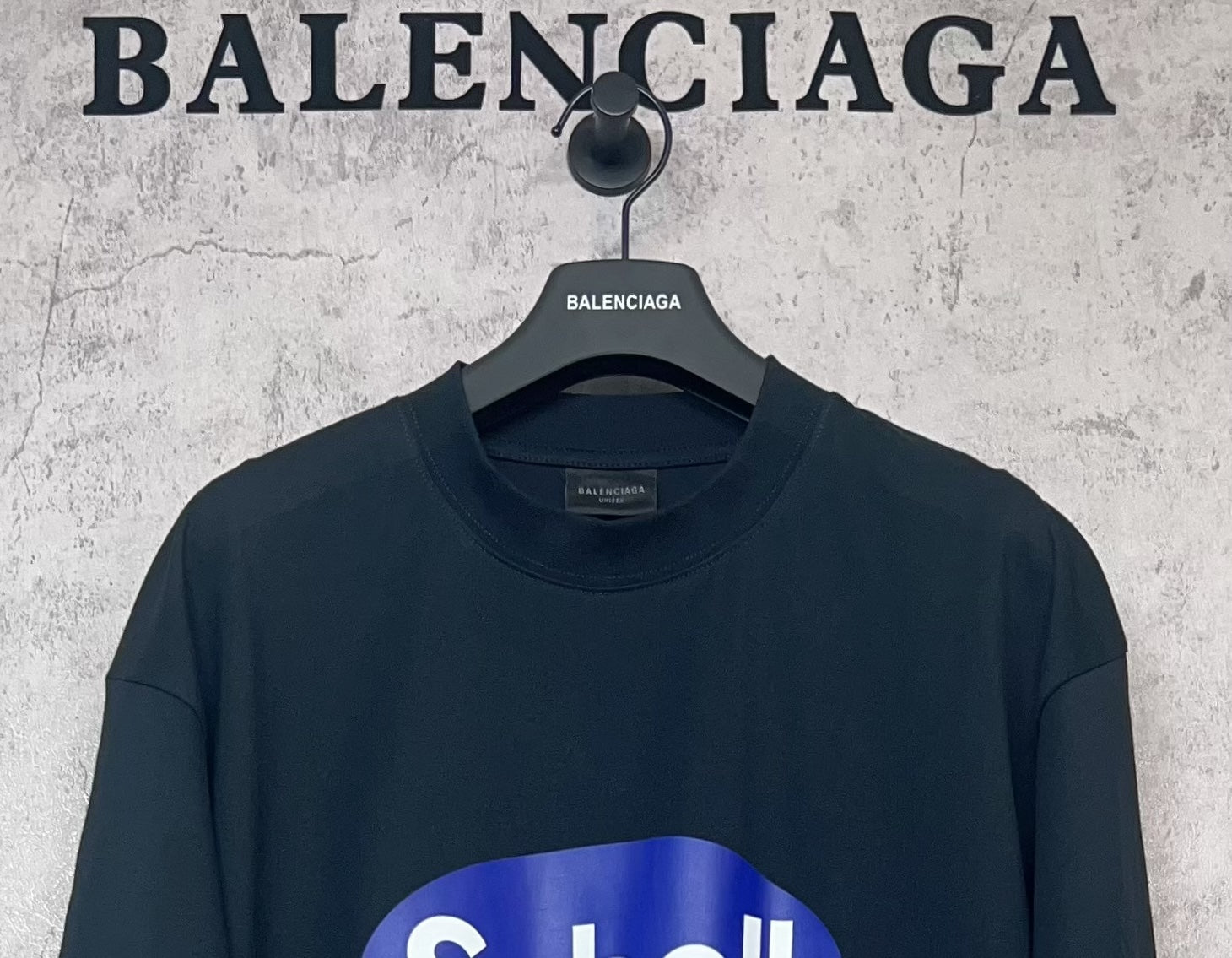 Balenciaga short-sleeve T-shirt, dark navy, upper front area with collar and neckline