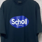 Balenciaga short-sleeve T-shirt, dark navy, close-up of “Scholl” front logo print