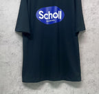 Balenciaga short-sleeve T-shirt, dark navy, centered “Scholl” logo on chest