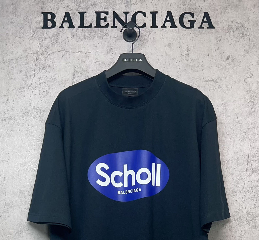 Balenciaga short-sleeve T-shirt, dark navy, large front “Scholl” oval logo