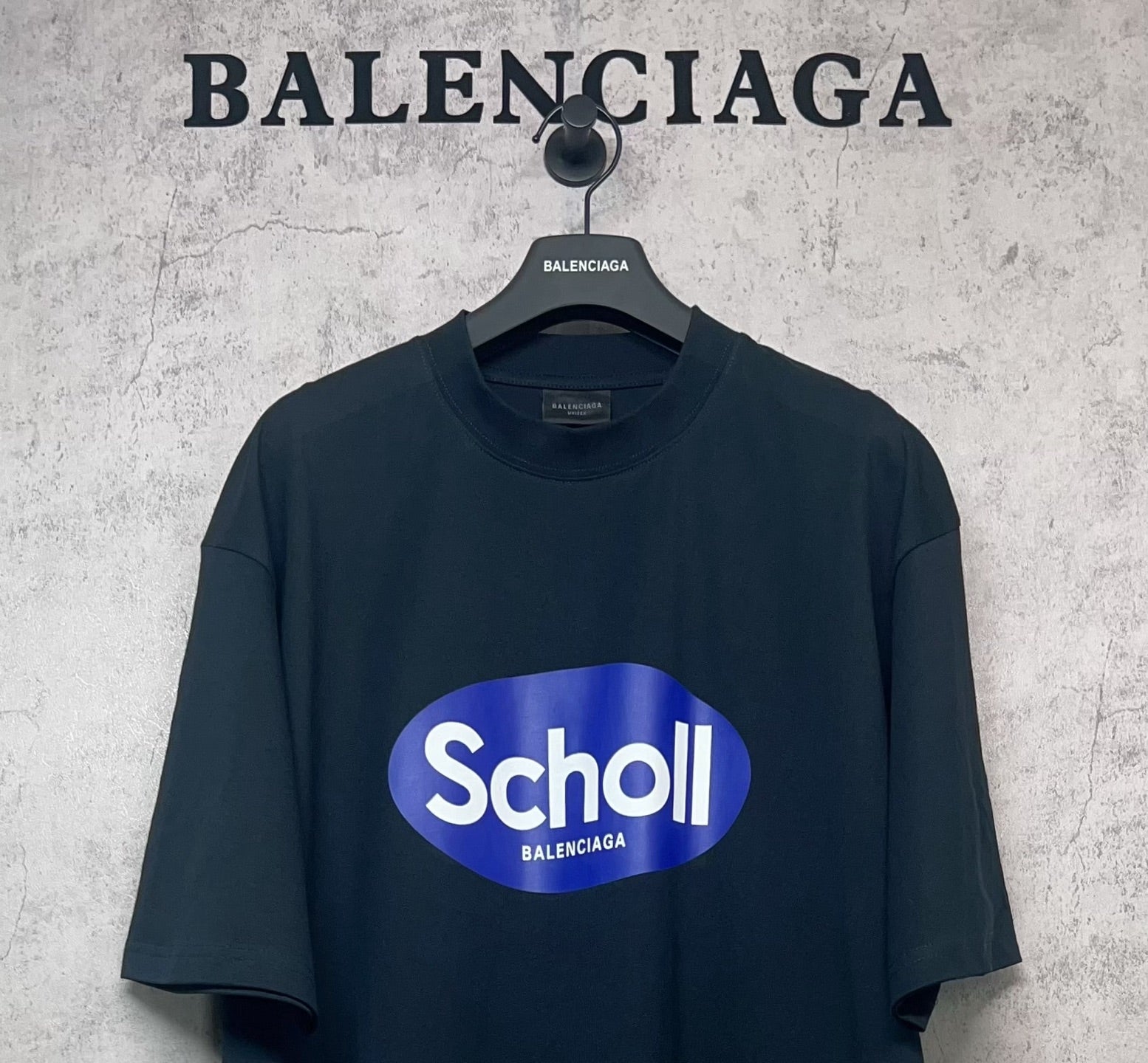 Balenciaga short-sleeve T-shirt, dark navy, large front “Scholl” oval logo