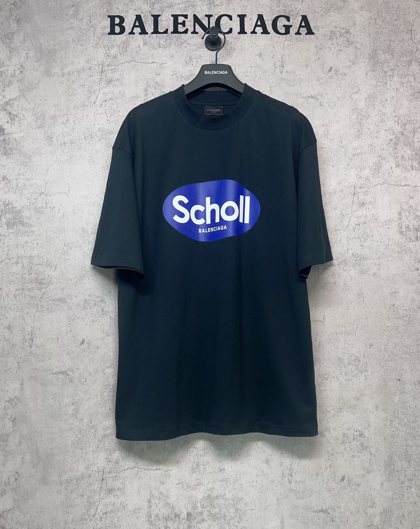 Balenciaga short-sleeve T-shirt, dark navy, front graphic print with “Scholl”