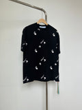 Black crewneck T-shirt with white all-over hand-style logos