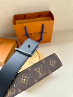 Louis Vuitton belt with square silver buckle on blue leather and dark monogram belt