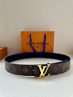 Louis Vuitton monogram belt with gold-tone buckle, dark brown patterned leather