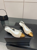 Women’s slingback heels, white straps with gold toe caps and lace bow ties