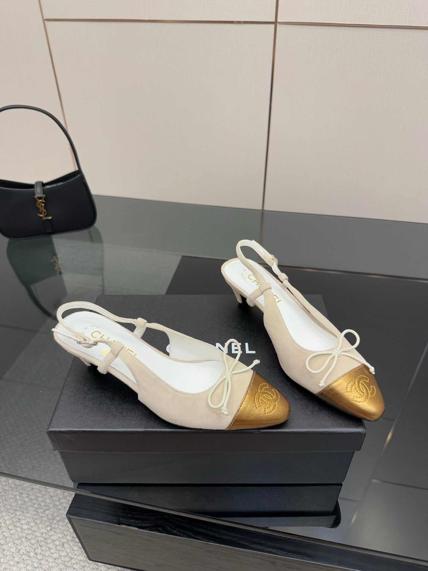 Women’s slingback heels, white straps with gold toe caps and lace bow ties
