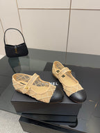 Chanel ladies woven-look flats in beige with black heel trim
