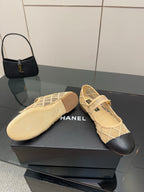 Chanel ladies flats with beige lattice upper; footbed and heel view