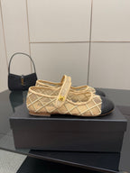Chanel ladies beige slip-on flats with crisscross lattice strap design