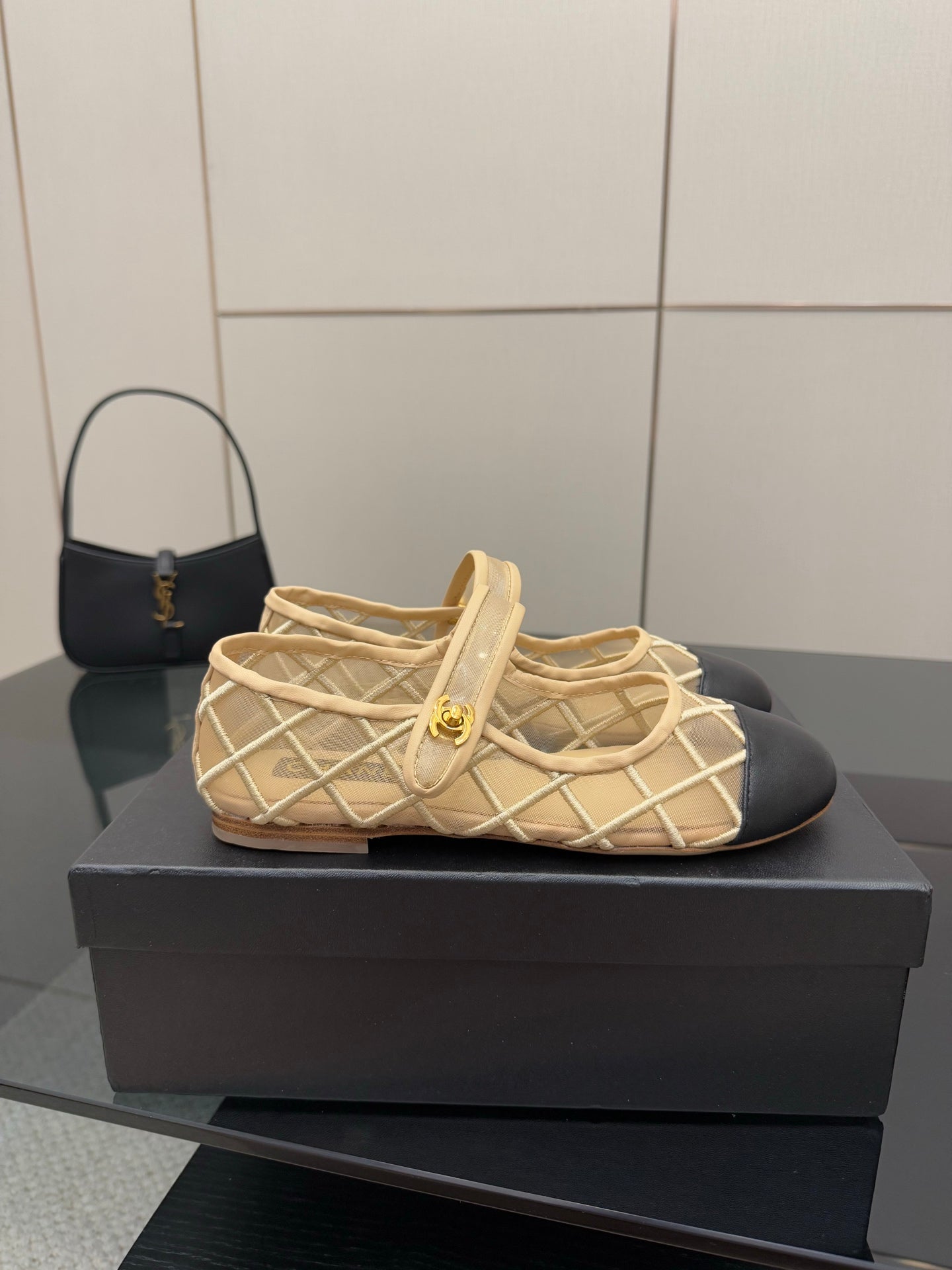 Chanel ladies beige slip-on flats with crisscross lattice strap design