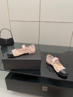 Pink lattice slingback flats with black heel sole