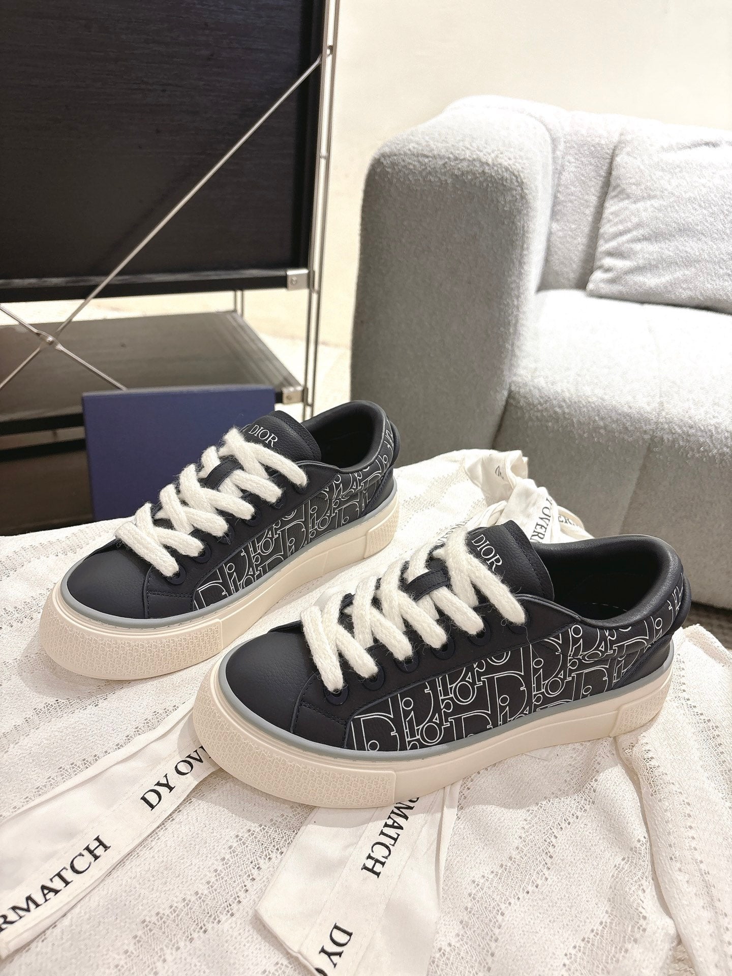Dior unisex sneakers, navy patterned canvas upper with white laces and low sole