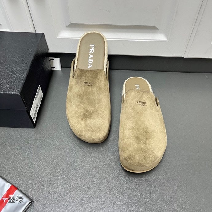 Taupe suede slide sandals with PRADA logo on footbeds