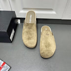 Taupe suede slide sandals with PRADA logo on footbeds