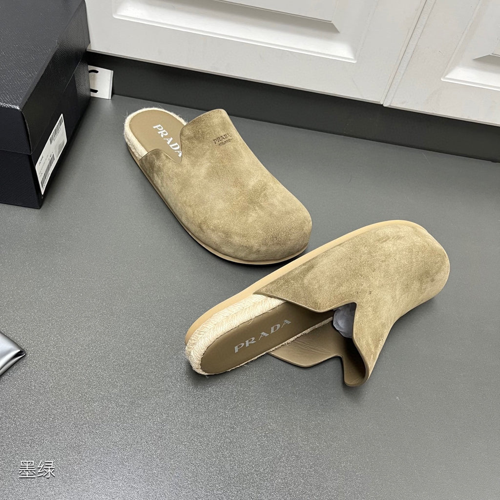 Taupe suede slide sandals with PRADA-branded insole and curved upper