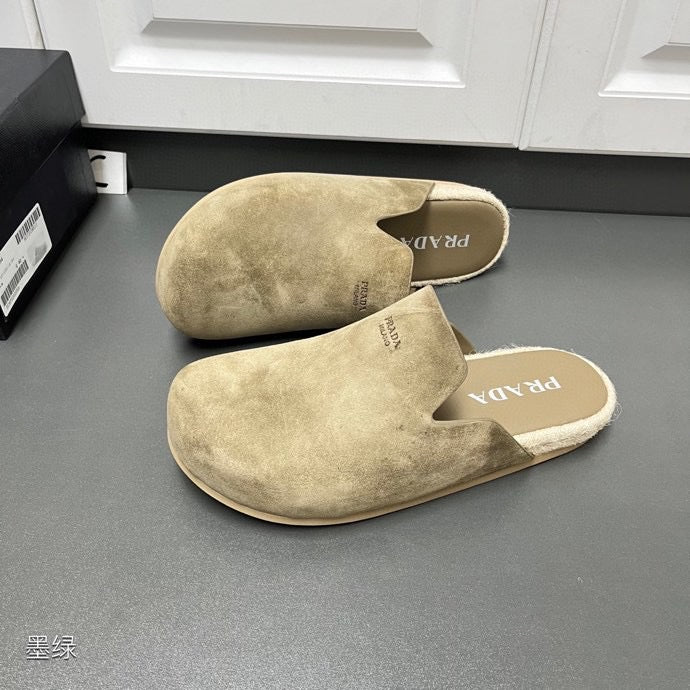 Taupe suede slide sandals, open back with PRADA branding on insole