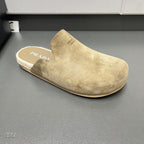 Taupe suede slide sandal with wide open top and PRADA logo