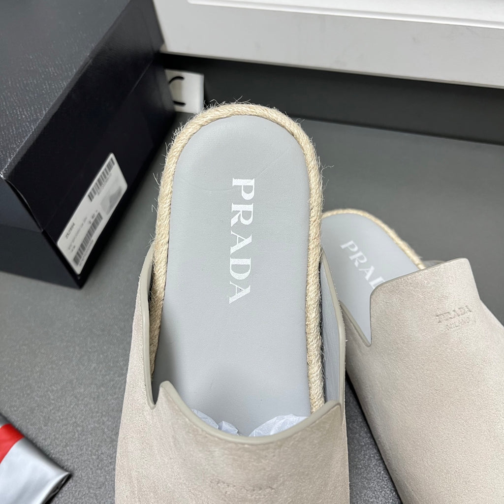 Prada sandals interior, light beige suede lining with printed footbed and trim