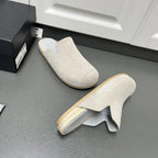 Prada light beige suede mule sandals, front and side views with jute edging