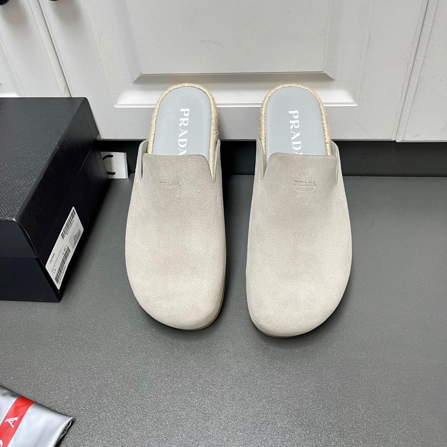 Prada sandals in light beige suede, slip-on mule with cushioned footbed
