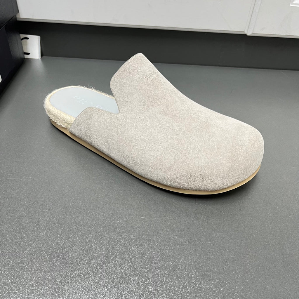 Prada light beige suede slip-on mule with jute-trimmed midsole and rounded toe