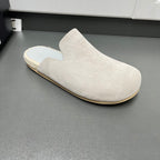 Prada light beige suede slip-on mule with jute-trimmed midsole and rounded toe