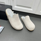 Prada light beige suede slip-on mules with low-profile sole and jute trim
