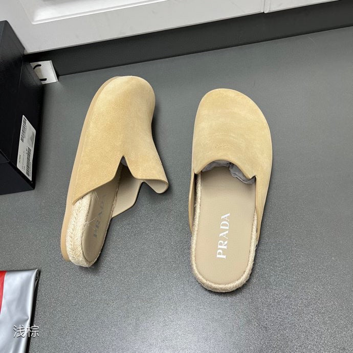 Prada tan suede mules, side view showing curved upper and padded insole